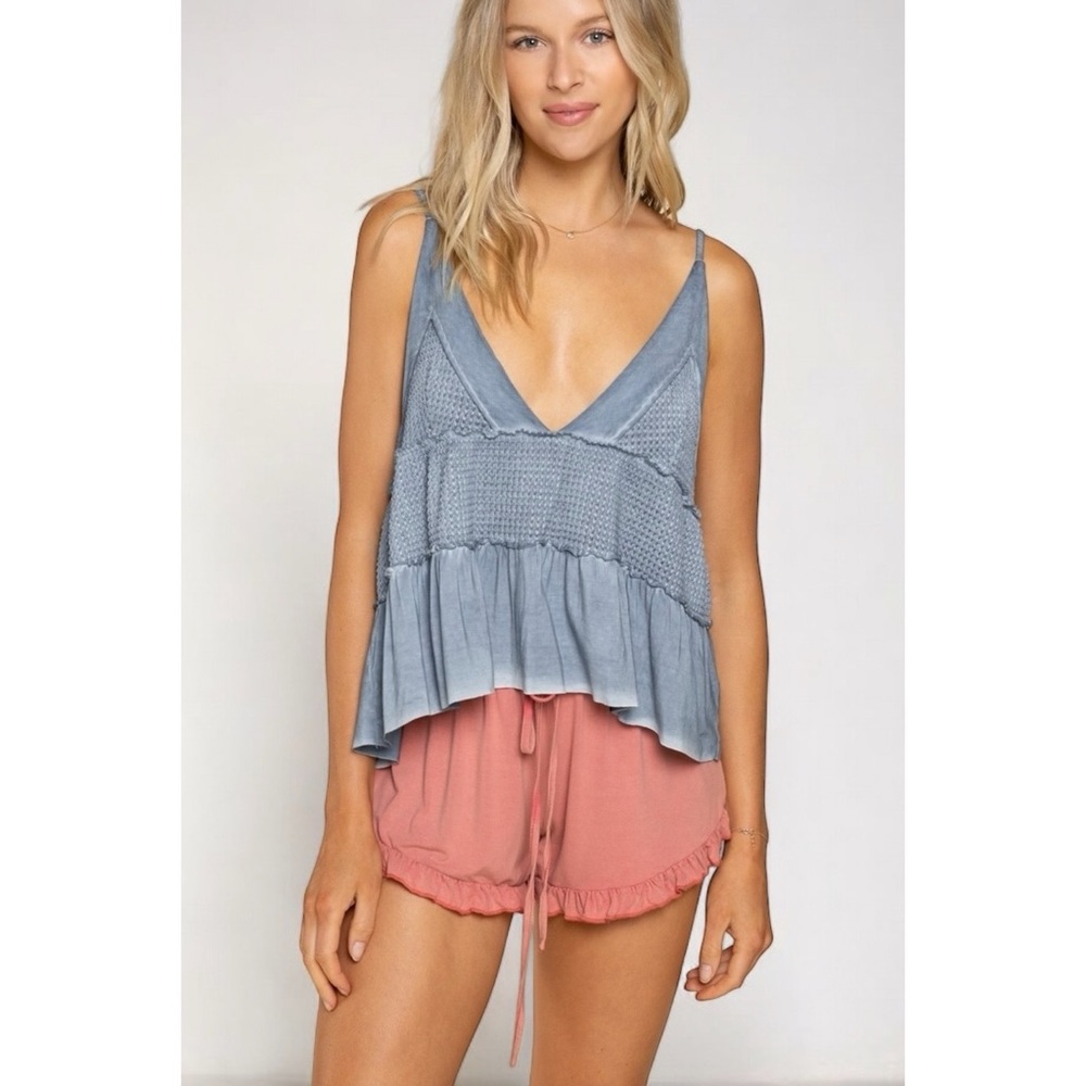 POL Cornflower Blue Waffle Knit Babydoll Tank Top - Picture 12 of 13